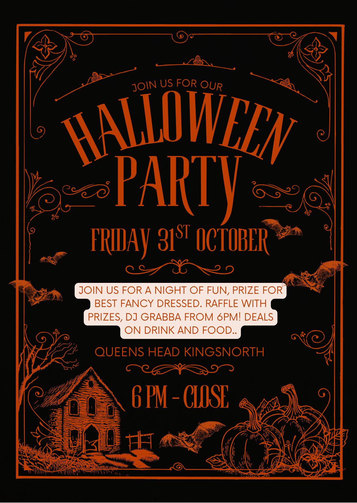 The Queen's Head Kingsnorth Halloween party pub events poster